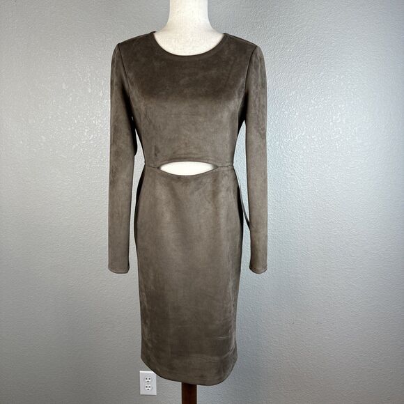 BCBGMAXAZRIA Whitley Cut Out Dress Size Medium Dark Fatigue Brown Faux Suede - Picture 1 of 10